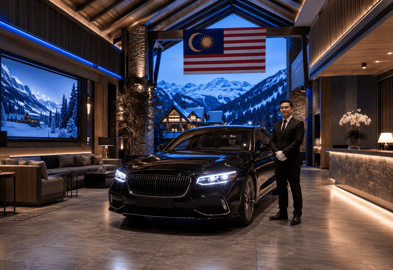 Premium rental car waiting outside a chalet-style arrival setting